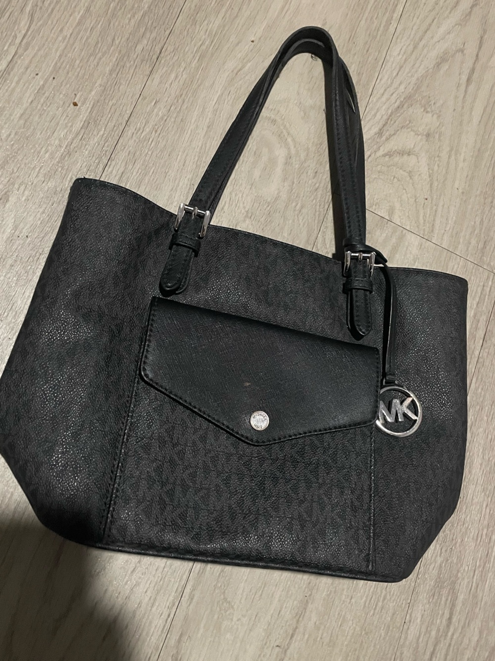 Michael Kors Black Logo-Print Shoulder Tote with Front Pocket
